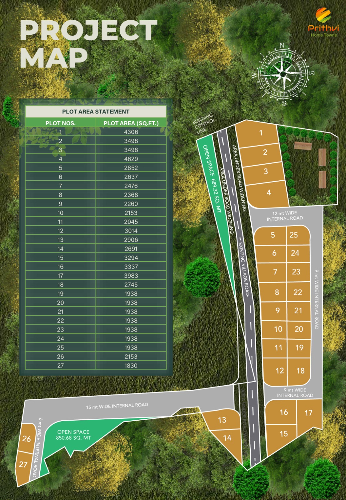 Plot layout showing 27 plots, internal roads and open spaces